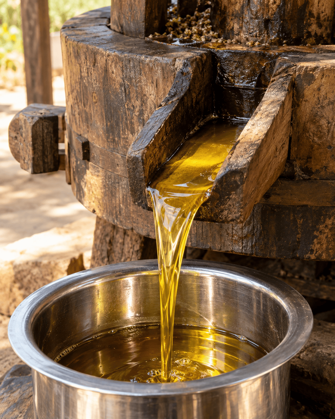 Oil from a wooden ghani press