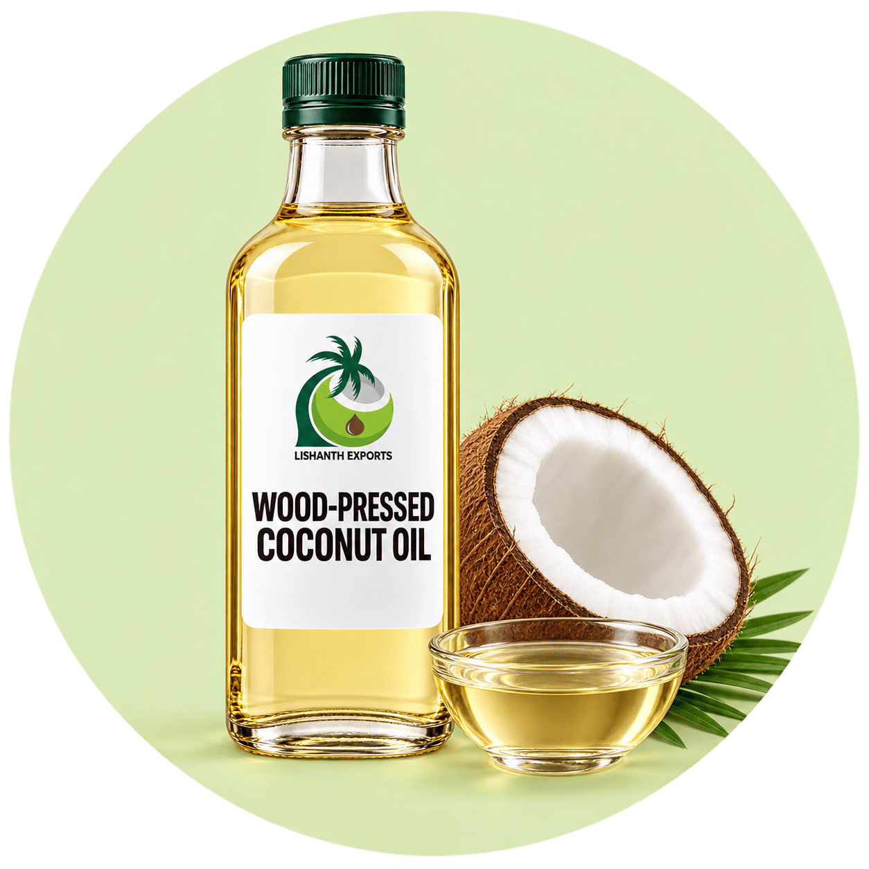 Wood-pressed coconut oil with a halved coconut