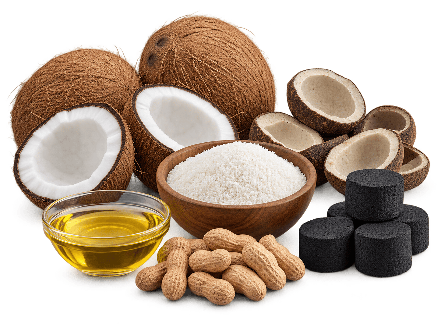 Coconut, copra, coconut powder, oil, groundnuts and briquettes